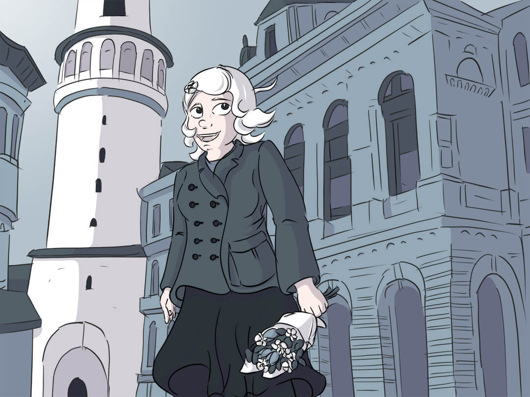 Luise steht mit ihrem neuen Kostüm vor dem Wahrzeichen der Stadt Sopron – dem Feuerturm