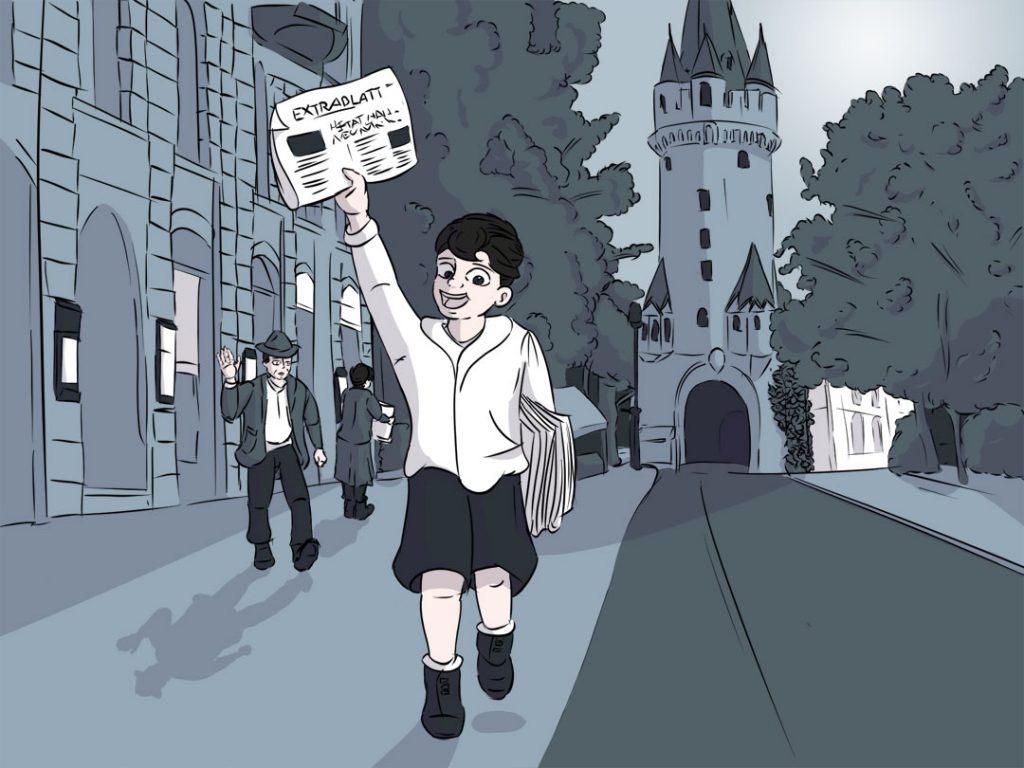 Die Illustration von Christian Sohn zeigt einen Zeitungsjungen um 1940 vor dem Eschenheimer Turm