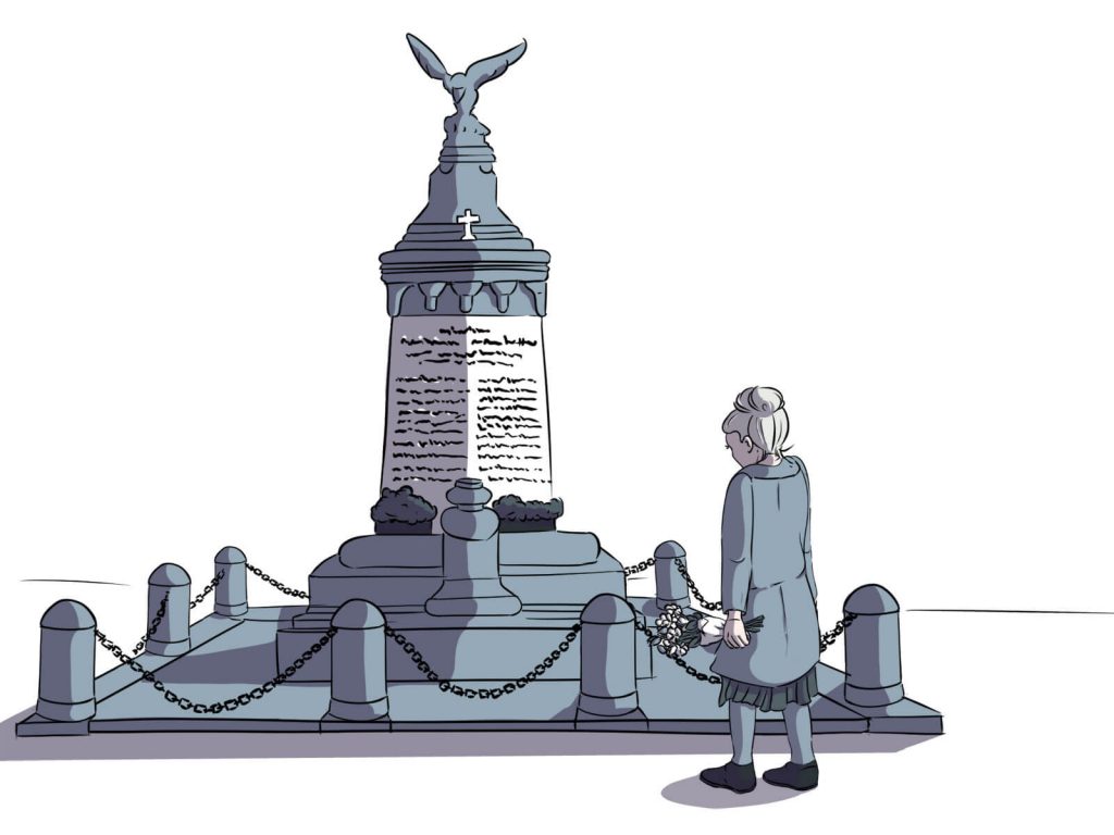 Maria Pratscher gedenkt der Opfer des Ersten Weltkrieges in Harkau vor dem Kriegerdenkmal